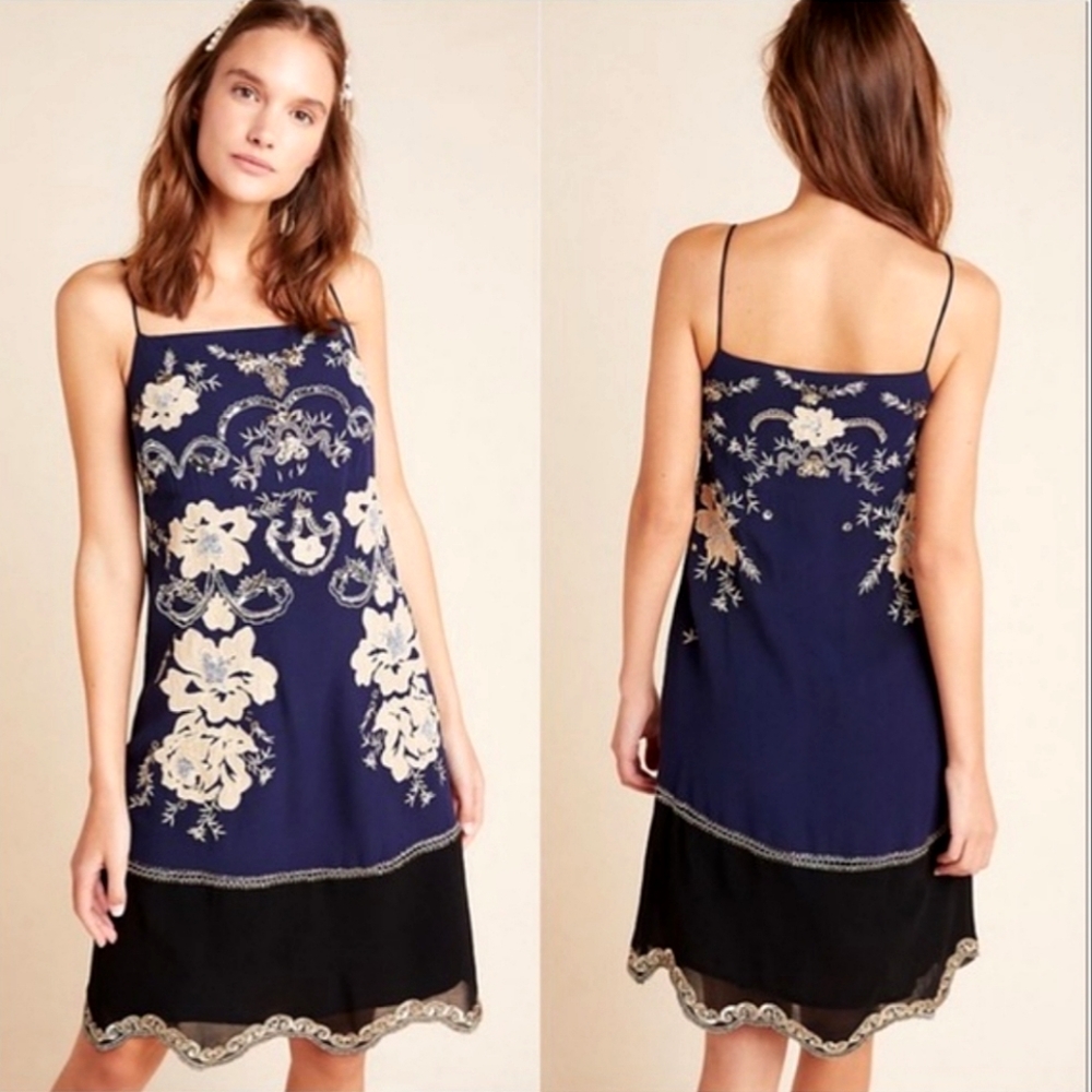 Anthropologie Allaire Embroidered Navy/Silver Sequin Floral Slip Dress